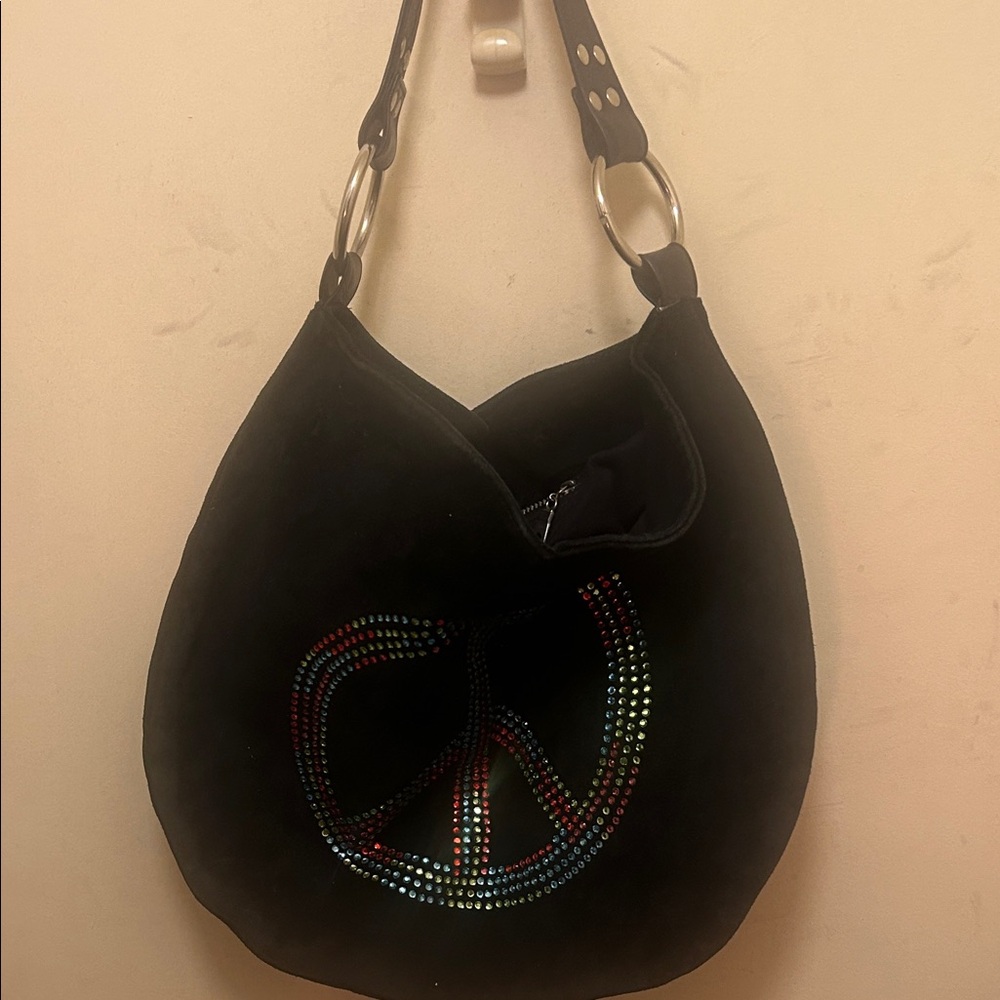 Black Suede Peace Sign Shoulder Bag